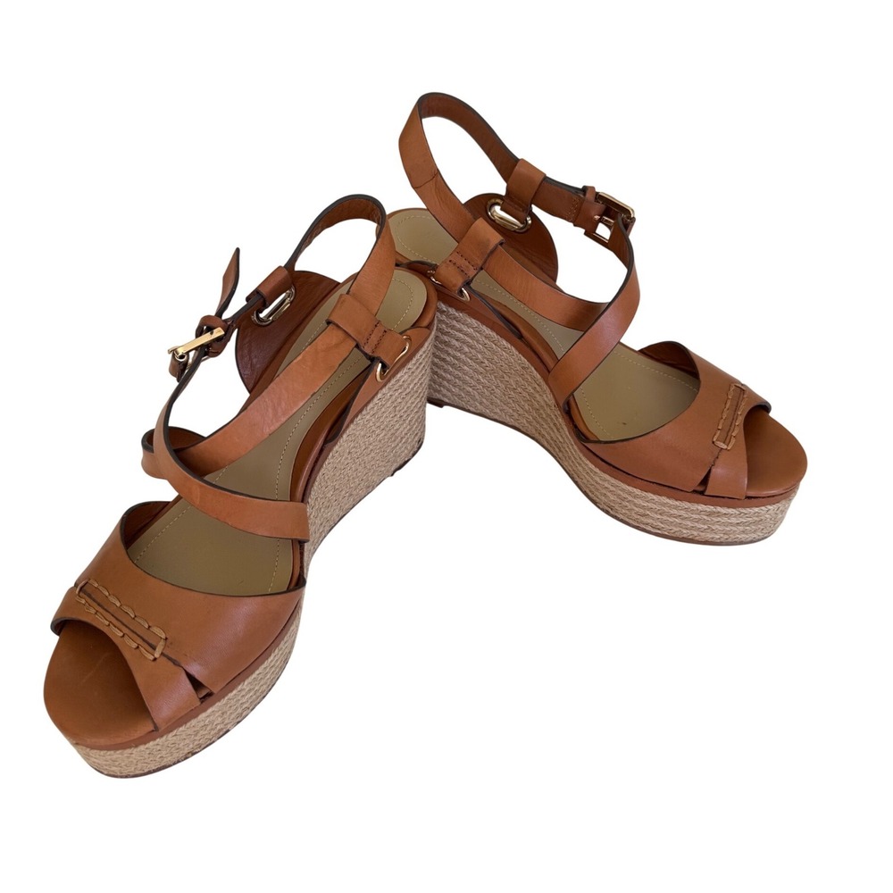 Massimo Dutti Leather Espadrille Wedge Sandals Women 6.5 Tan Coastal Resort
